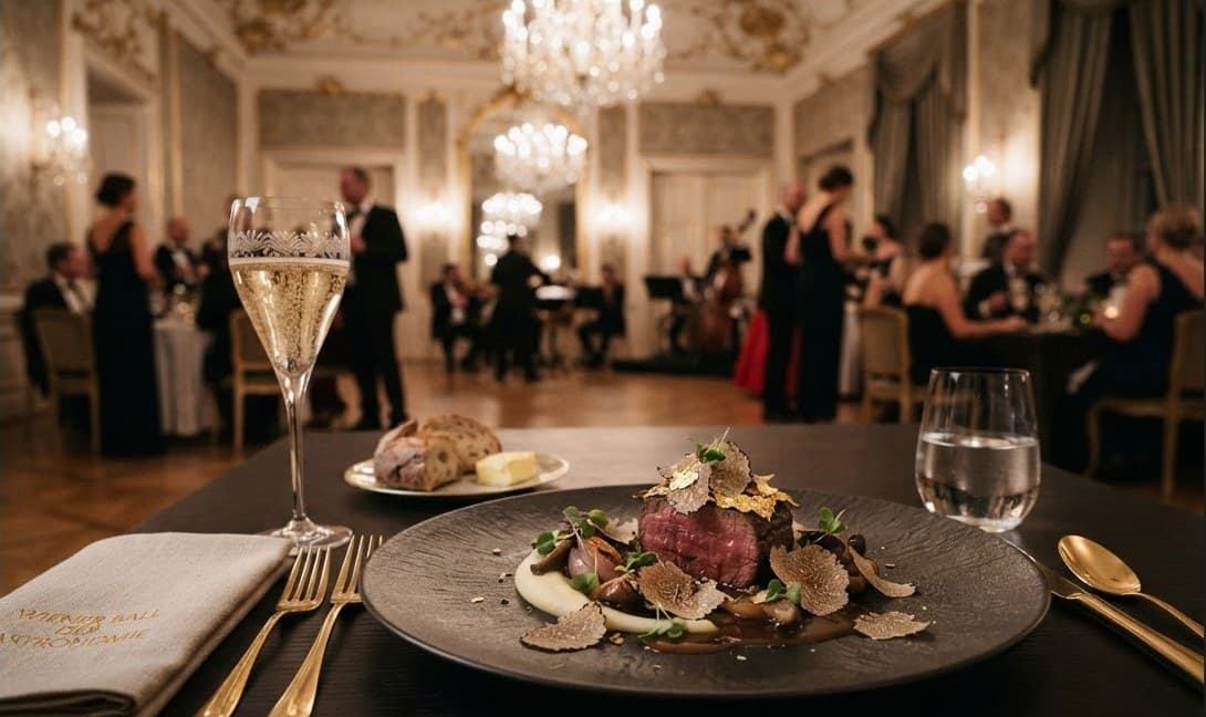 Gedeckter Dinnertisch mit Champagner und einem Gang des Gala-Menüs
