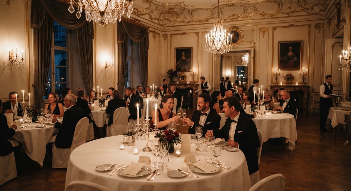 Gala-Dinner an runden Tischen mit Kerzenlicht in einem Salon