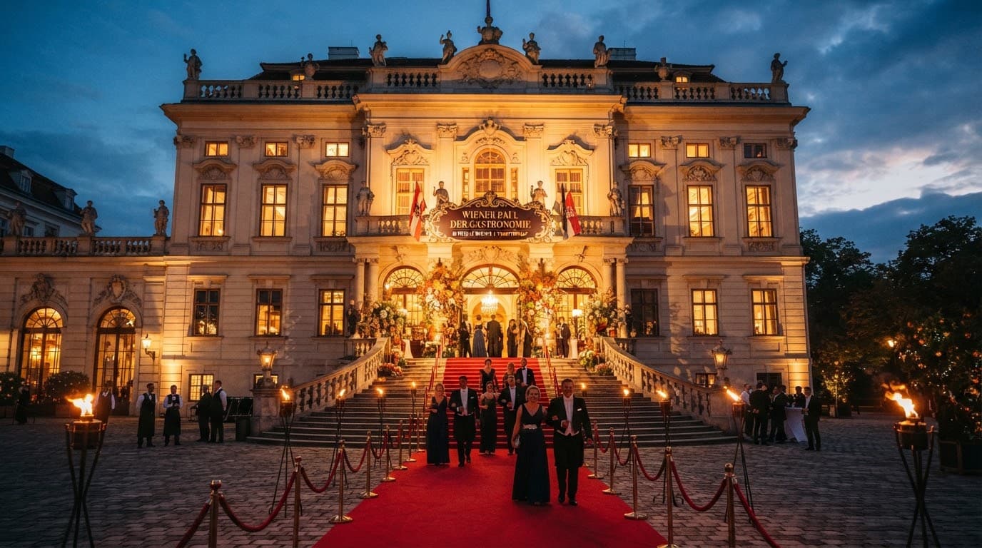 Festlich beleuchtete Fassade des Palais Auersperg mit rotem Teppich