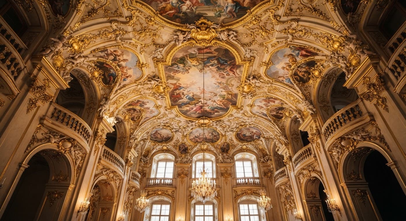 Barocke Deckenfresken und Kristalllüster eines Prunksaals